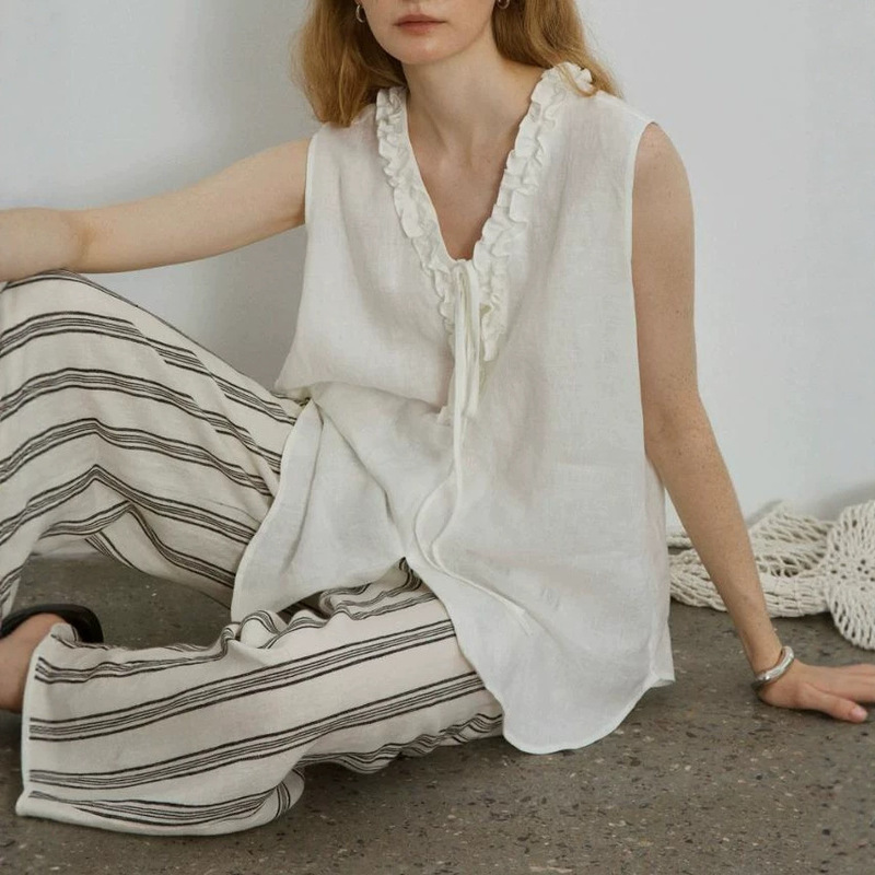Countonme Reversible Linen V-Neck Tie-Up Sleeveless Shirt Top French-Style High-End Top