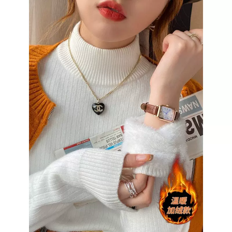 Women's fleece-lined sweater, thickened for autumn and winter, integrated fleece, suitable for the Northeast winter, half-high collar base shirt, white warm top