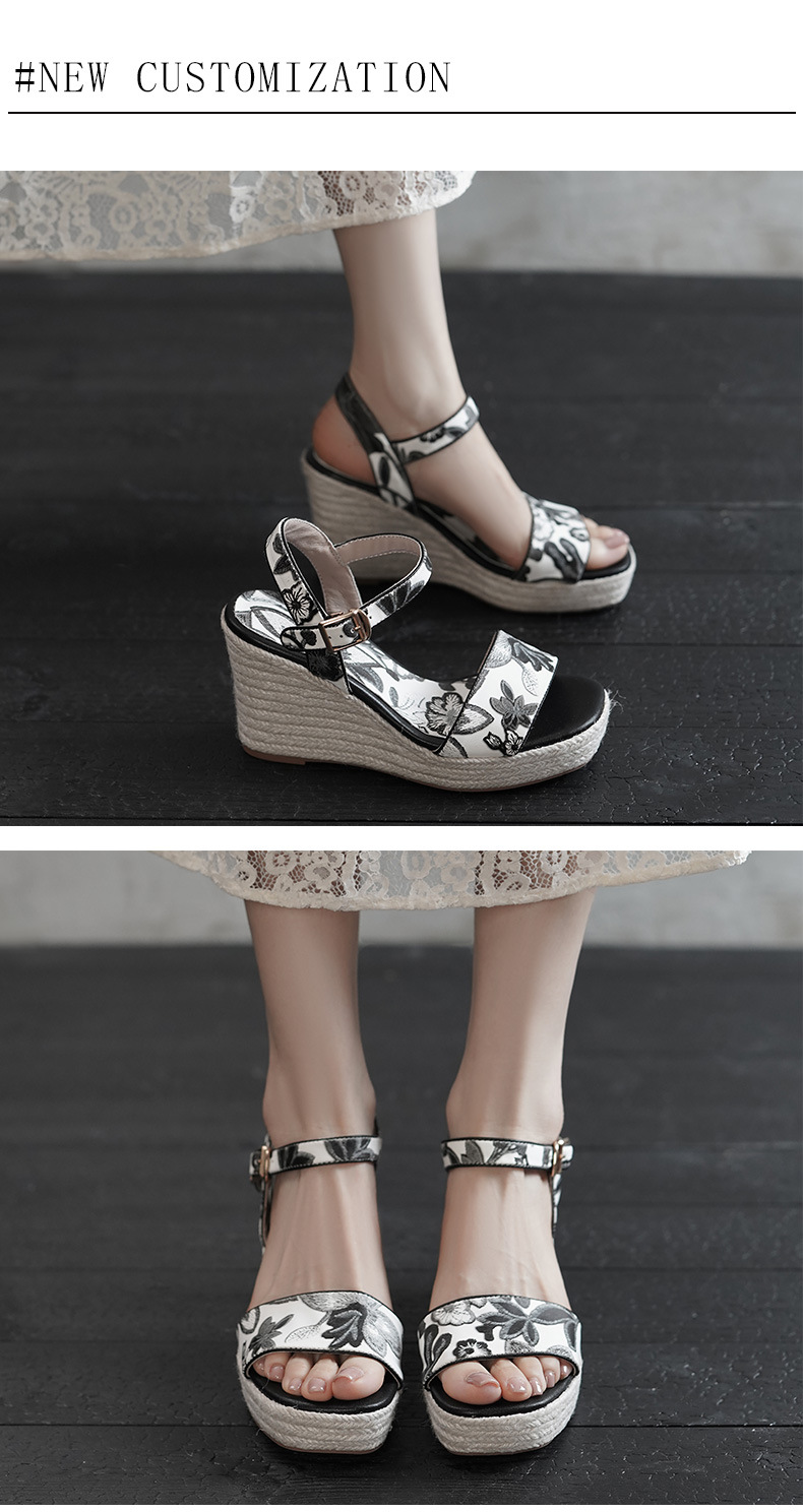 Sandal nữ hở mũi gót nêm cao 7 cm đế cói in hoa boho — màu đen, màu trắng chi tiết 4