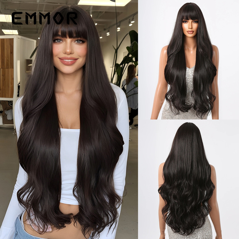 Emmor cross-border supply neat bangs long curly hair temperament goddess and waist natural fluffy wig full hair wig