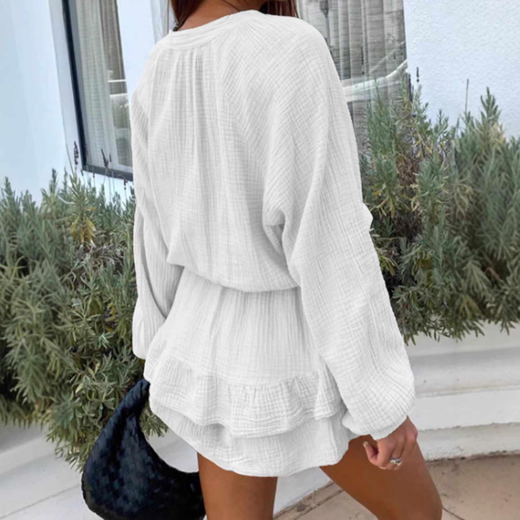European And American Cross-border Women's Fashion Solid Color Tie-up Cardigan, Round-neck Lantern Sleeve_ecoleips.com