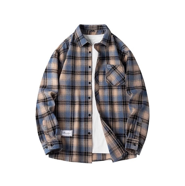 American trendy long sleeved plaid for men's 2024 spring and autumn new lapel casual shirt jacket top_voghion.com