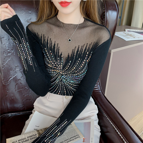 Hot diamond mesh hollowed out knitted sweater for women's long sleeved sweater slim fit base sweater