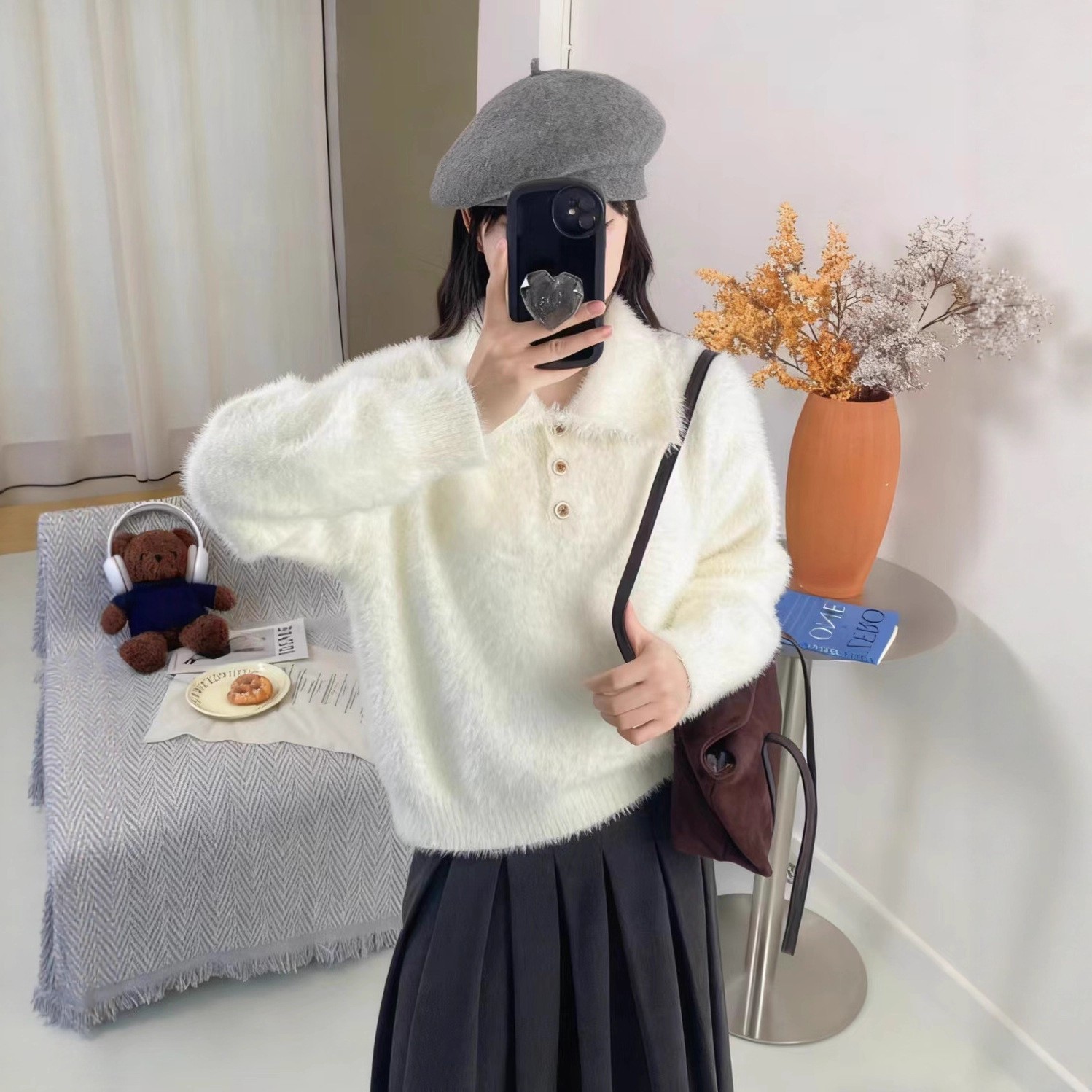 秋冬新款翻领套头仿水貂绒针织上衣女跨境外贸厚款纯色内搭毛衣女