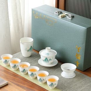 Jadeite Tea Set Set Qianli Jiangshan Covered Bowl Teapot Chinese Tea Set Complete Set Home Office Gift Bamboo