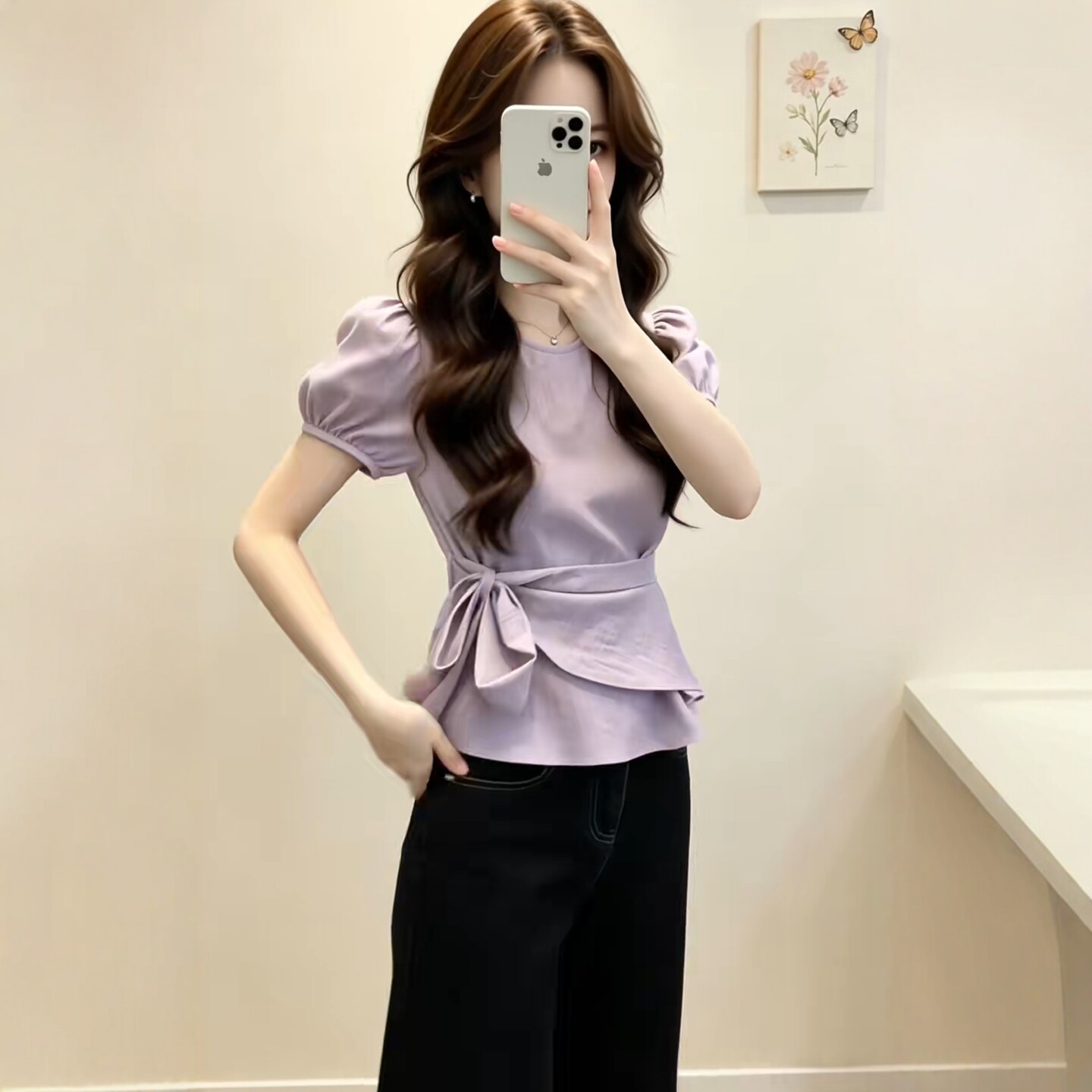 Áo sơ mi ngắn tay thiết kế thắt lưng eo, dáng suông nhẹ, phong cách Pháp — màu tím chi tiết 4