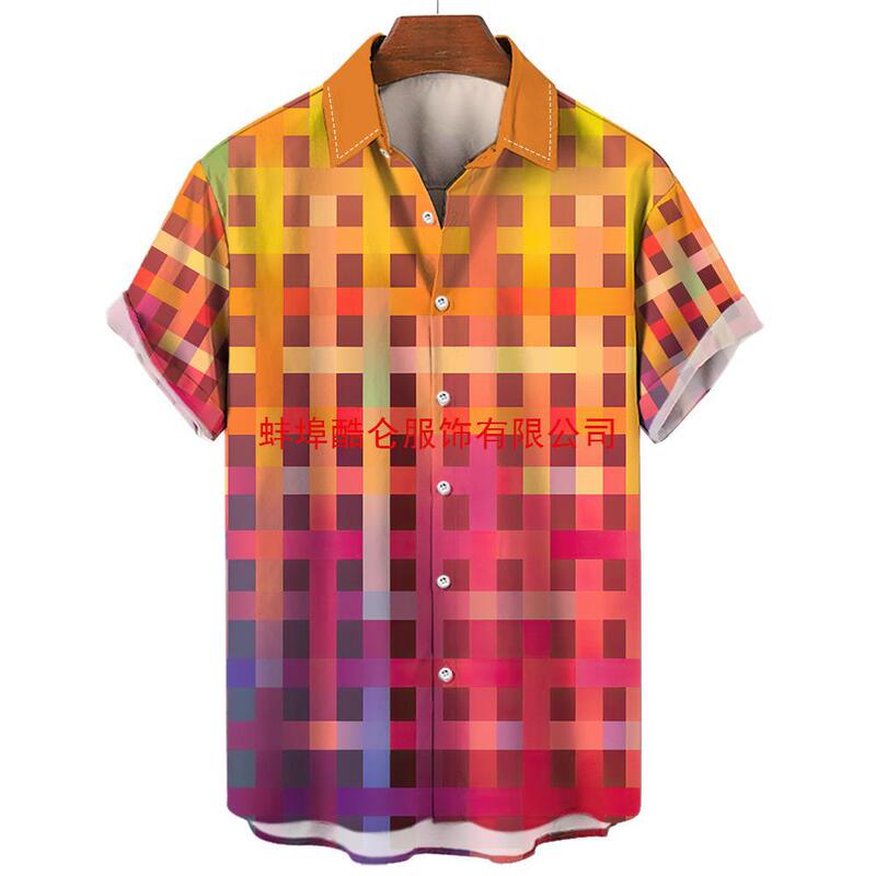 Hawaiian Rainbow Color Plaid Shirt Men's 3d Fashion Casual Short Sleeve Simple Button Beach Clothing Hawaiian Rainbow Color Plaid Shirt Men's 3d Fashion Casual Short Sleeve Simple Button Beach Clothing