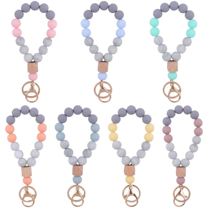 New creative wooden octagonal wrist bracelet key ring accessories DIY silicone beaded pendant key ring