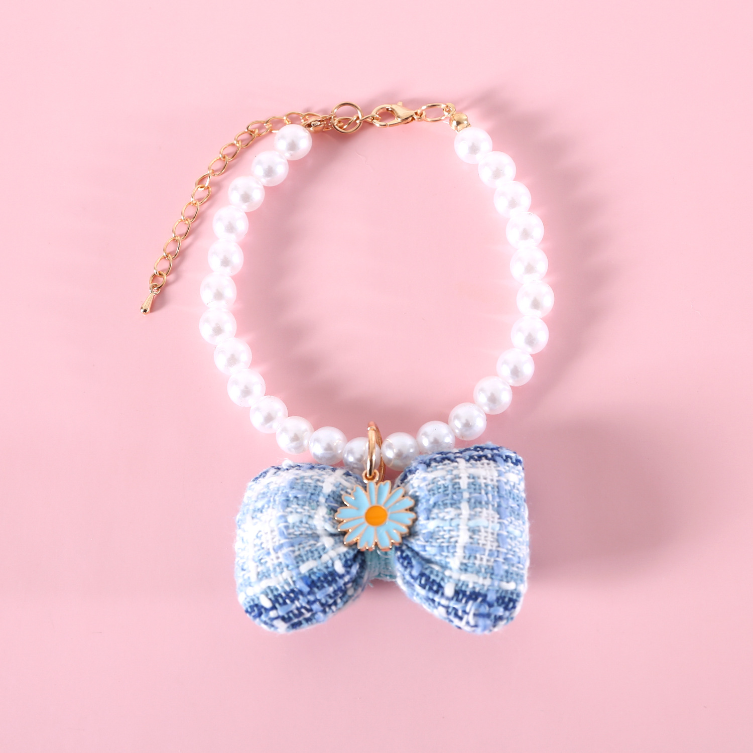 Pet Pearl Plaid Arco Colgante Collar Ajustable Perro Gato Daisy Princess Accesorios Collar de Cumpleaños