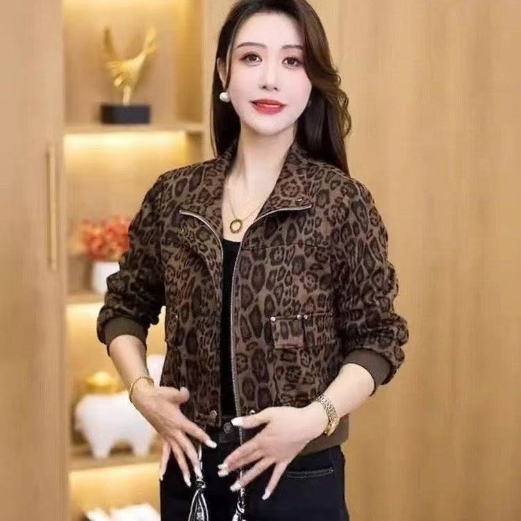 一件代发2025秋季新款时尚宽松豹纹拉链立领长袖女装外套上衣女|undefined