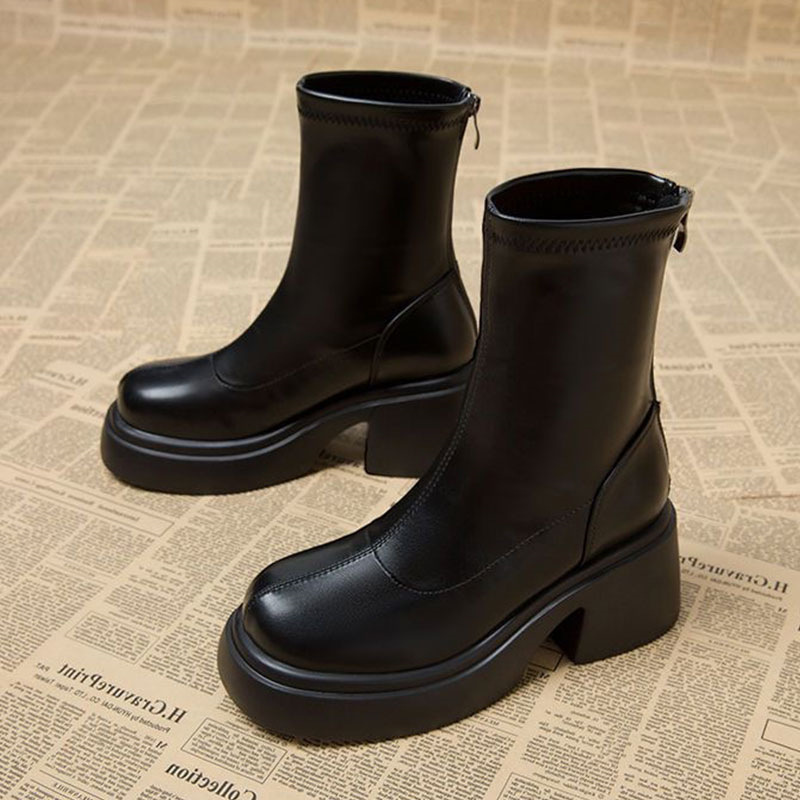 Height-Increasing Thick-Soled Martin Boots for Women 2025 Autumn and Winter New Black Versatile Small High-Heeled Short Boots Thick-Heeled Small Ankle Boots