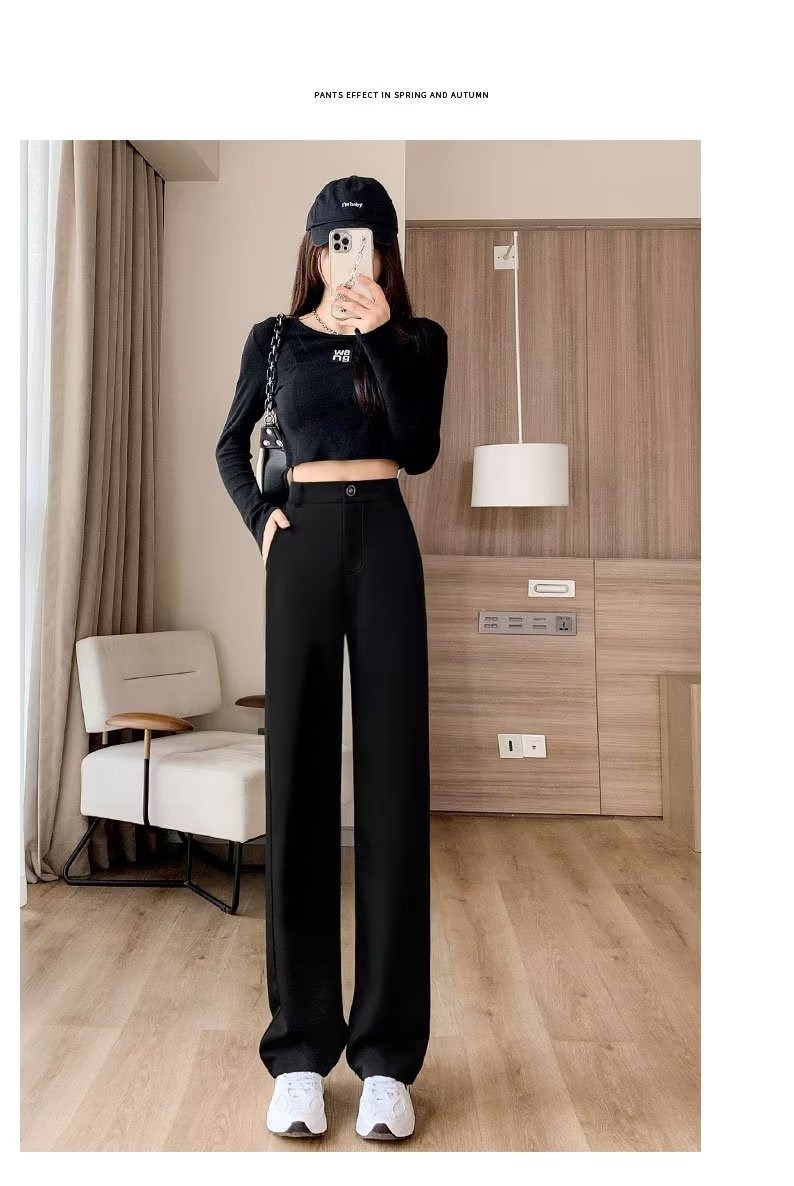 High waist suit pants for women summer high-grade draping black slimming casual mop straight wide-leg pants
