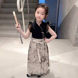汉服女小童裙子套装2024春装小女孩超仙古装旗袍宝宝两件套唐装潮