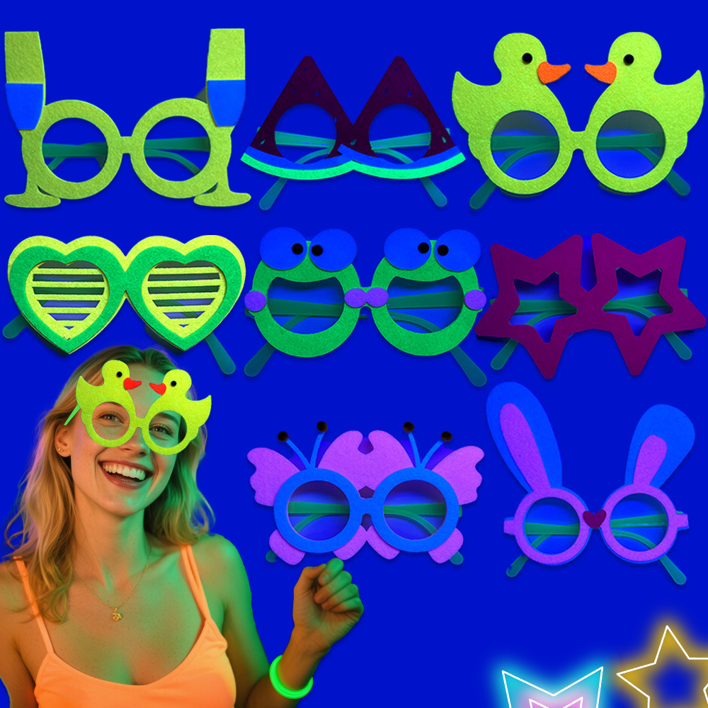 Nuevas decoraciones de fiesta con tema fluorescente, gafas, cumpleaños para niños, ambiente fotográfico, accesorios de vestir, marco de gafas de fieltro
