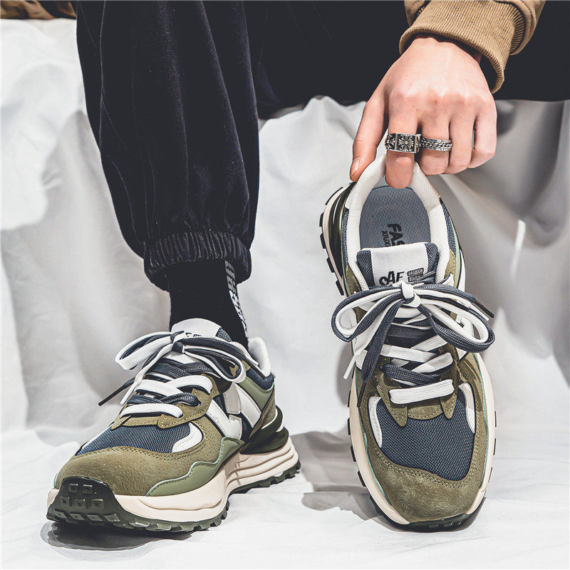 Giày sneaker nam thân lưới thoáng khí, dây buộc, đế dày tăng chiều cao, kiểu dad shoes — Màu be [Mẫu khuyến mãi], Màu xanh dương [Mẫu khuyến mãi], Bạch Hôi, Xanh kaki