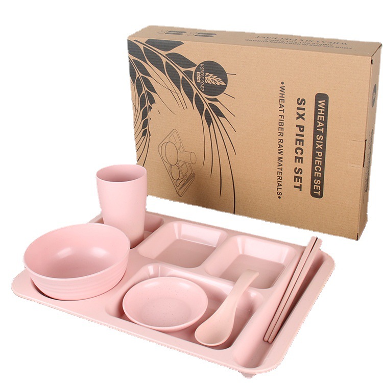Plato de paja de trigo para adultos conjunto de seis piezas separado plato grande Arroz Tazón Cuchara Taza placa traje cantina estudiante engrosamiento