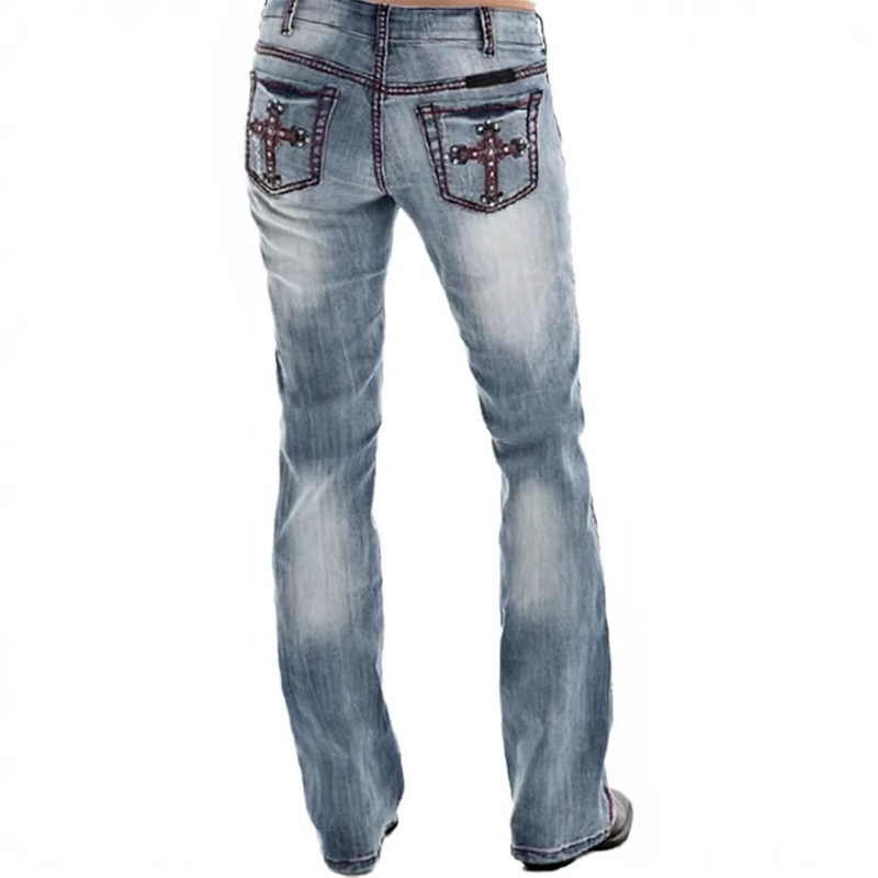 Mid-Waist Ripped Distressed Embroidered Cross Jeans, Street Style Straight-Leg Flared Jeans for Women