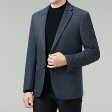 轻奢男士羊毛单西商务休闲中年爸爸西装抗皱男装修身格子毛呢西服