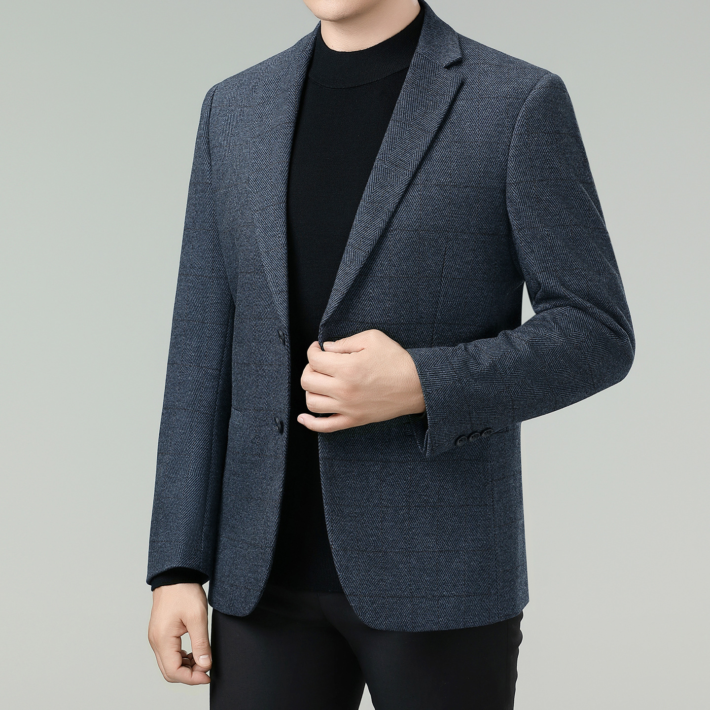 轻奢男士羊毛单西商务休闲中年爸爸西装抗皱男装修身格子毛呢西服