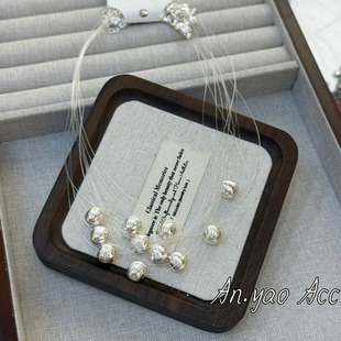 2025 new cold wind metal brushed ball fishing line clavicle chain explosion niche design sense high necklace