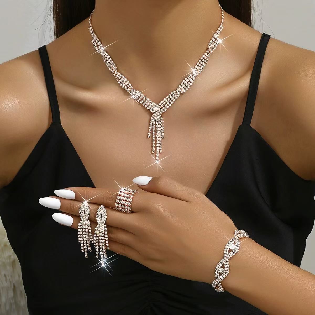 Collar pendientes borla boda joyería traje rhinestone colgante banquete de boda giro vestido de boda accesorios 8673