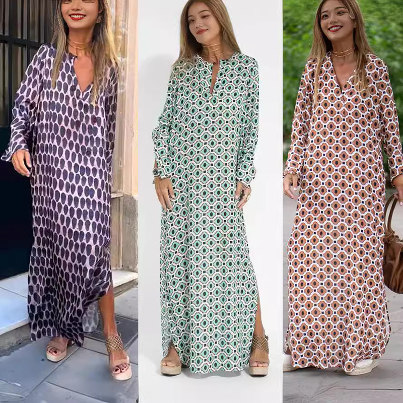 Cross-Border Mirror Lake Goddess Style Polyester Large Swing Slit Pullover Long Sleeve Slit V Neck Shirt Skirt Petticoat Long Dress