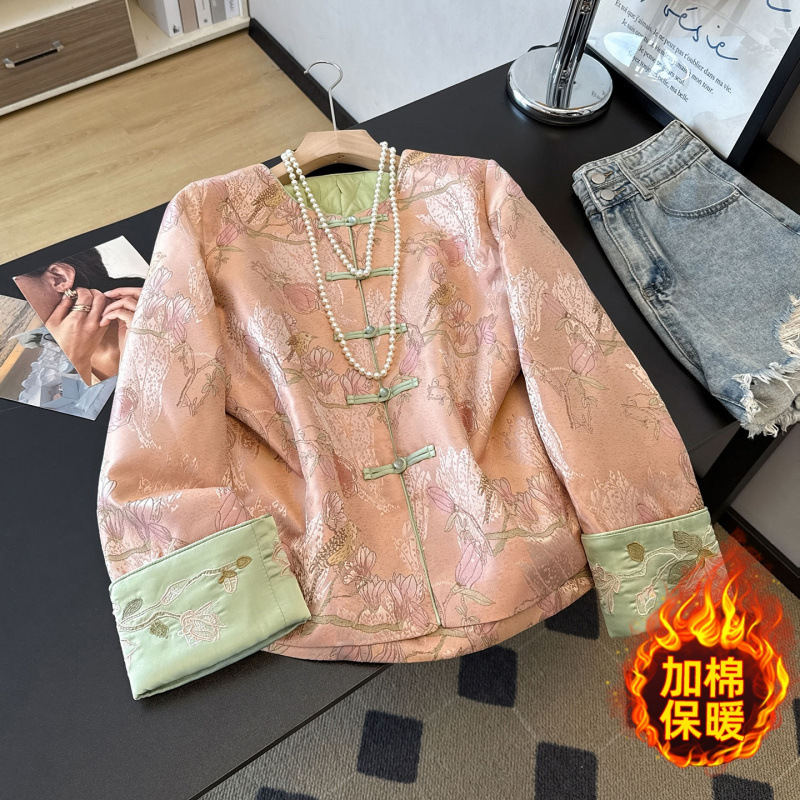 实拍新中式中国风汉服加棉重工刺绣提花织锦复古长袖拼接棉服外套