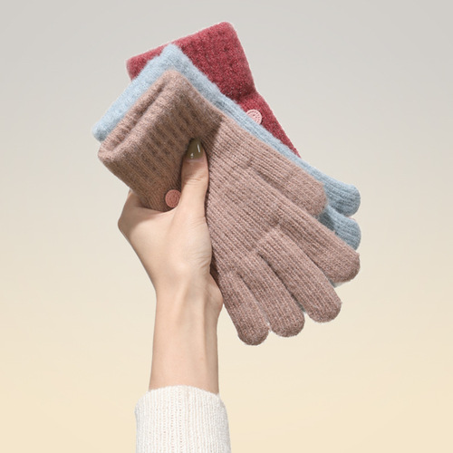 Knitted warm winter gloves for girls, Korean-style cute windproof versatile yarn gloves for students, touch screen suitable for riding