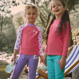 Girls' Boys' Sunscreen Long-Sleeved Trousers Split Children's Swimsuit Mid-Big Children's Seaside One-Piece Top Pants Swimsuit