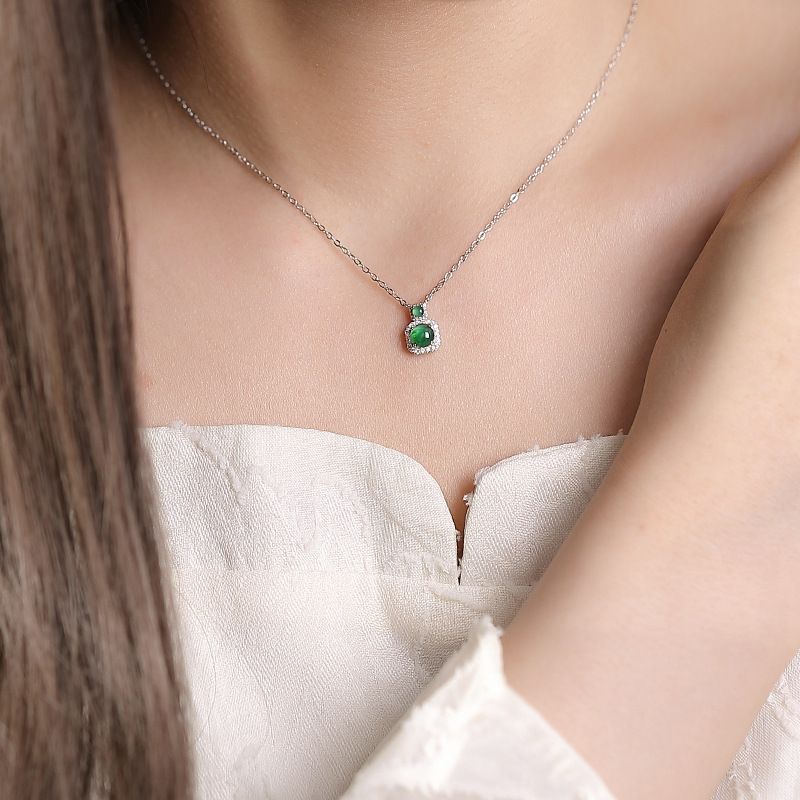 Dây chuyền bạc S925 hình học hạt tròn phong cách đơn giản — Ngọc lục bảo xanh (có chuỗi)