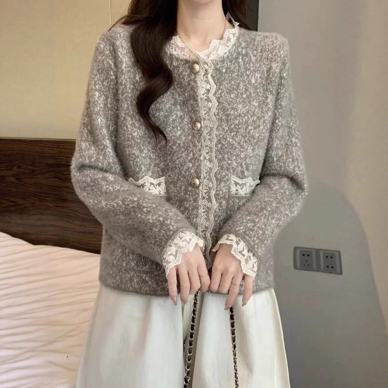 蕾丝花边法式气质小香风针织开衫女2025秋冬新款仿水貂绒毛衣外套