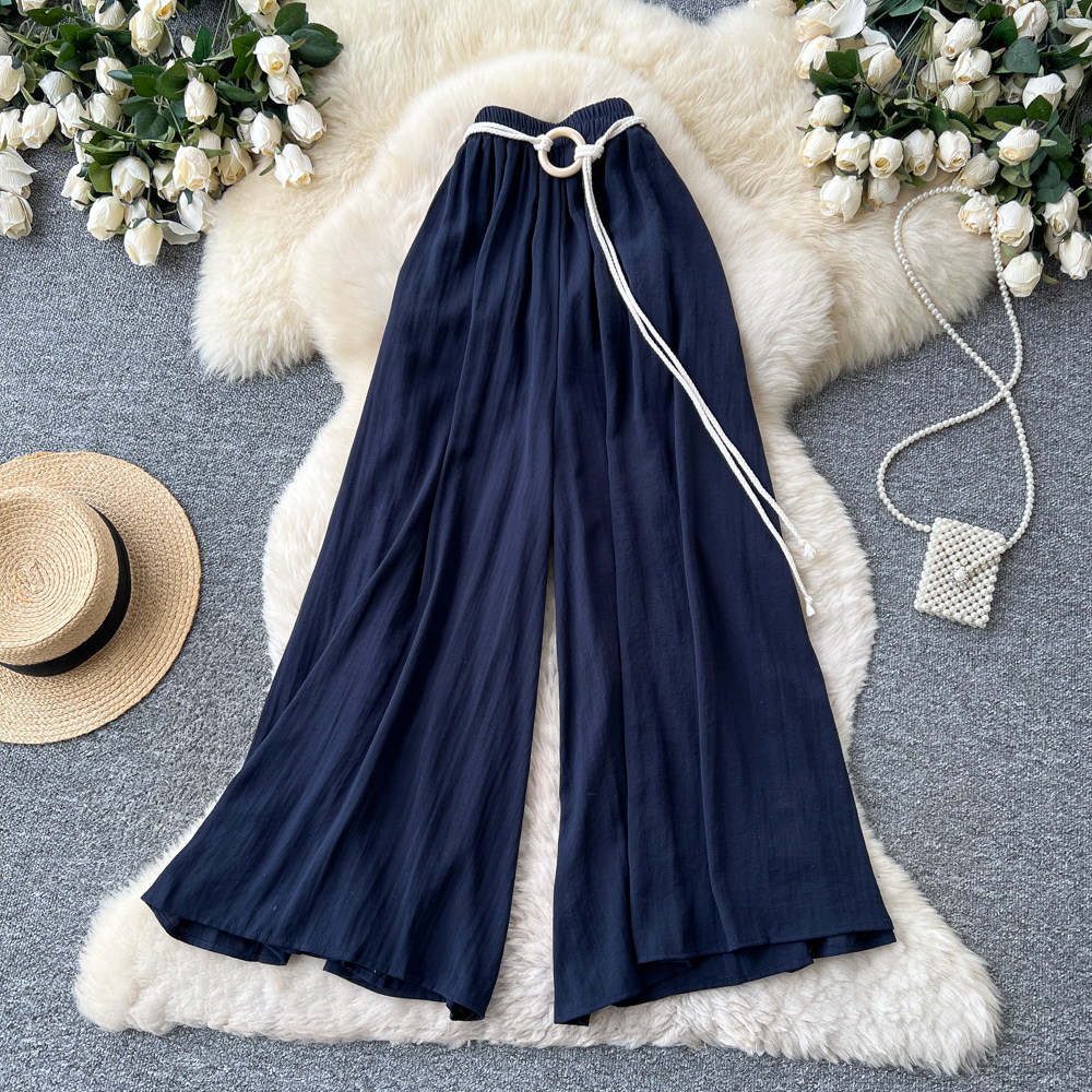 Women's High-Waisted Wide-Leg Trousers Tie Waist Retro Commuter Style Flowy Drapery Relaxed Fit Casual Pants_ecoleips.com