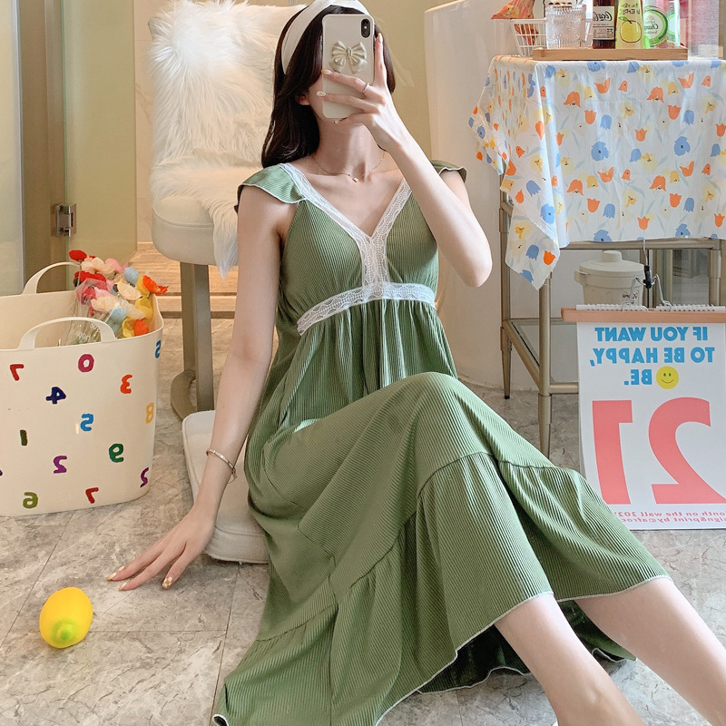 Sudeste de Asia verano lunares sexy con almohadilla en el pecho de media longitud camisón chica de encaje dulce pijama Sling homewear