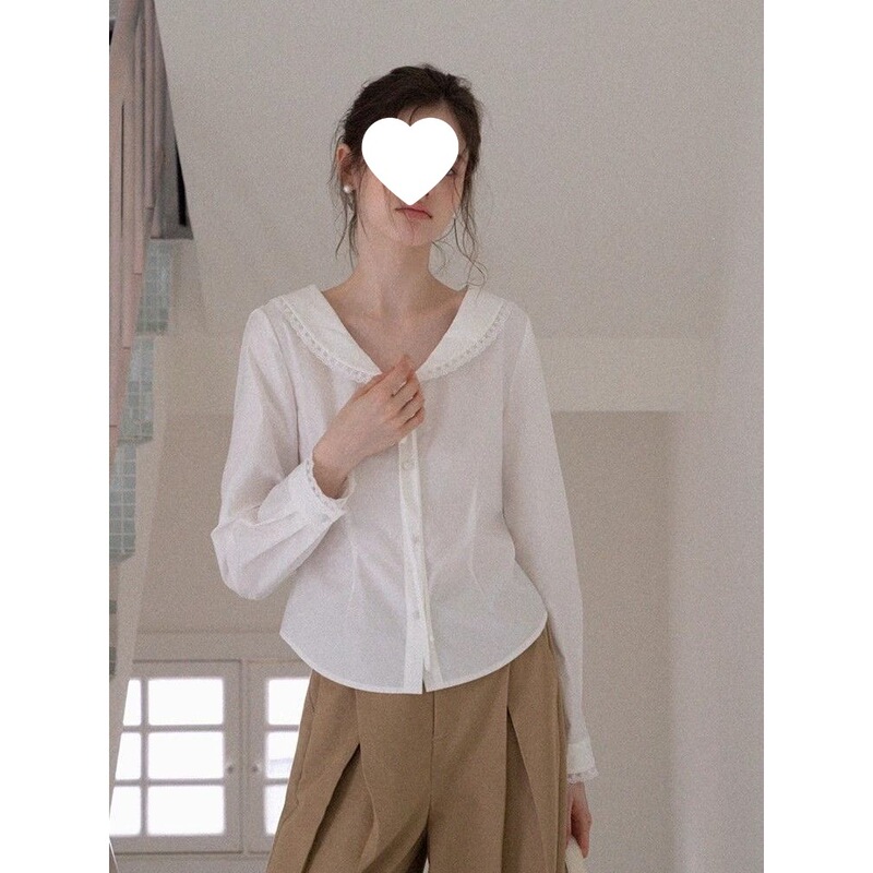 French-style white collared long-sleeve shirt for women, new early autumn model, sweet lace-trimmed elegant cardigan, commuter top