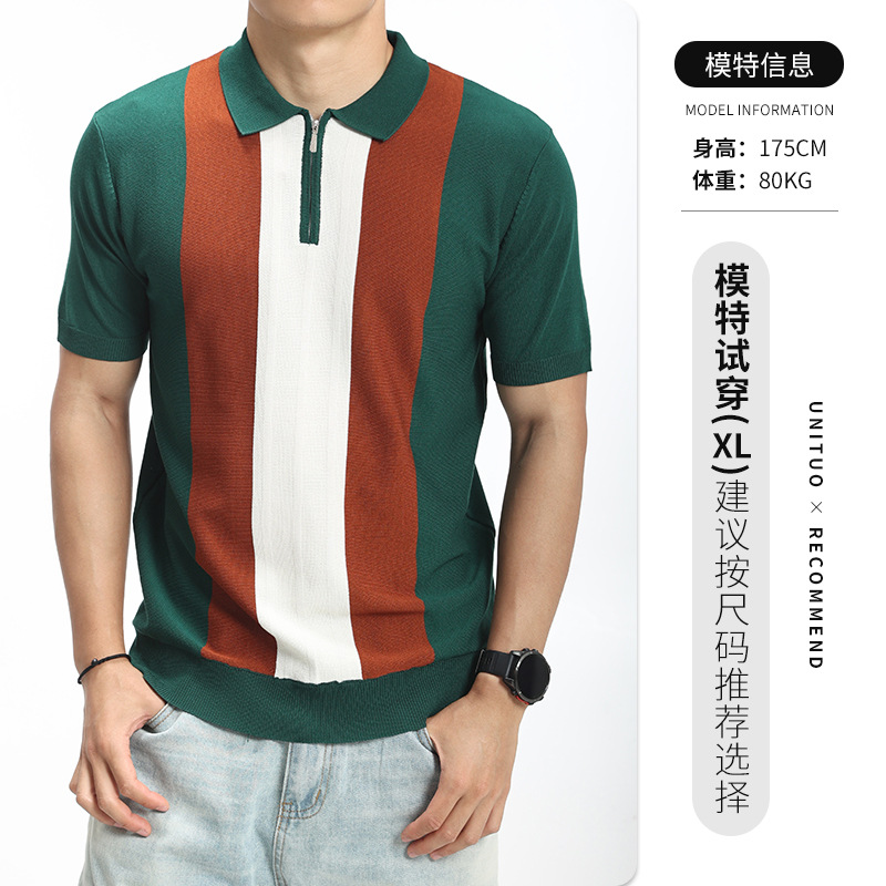 Europa y Estados Unidos transfronterizos hombre medio cremallera rayas polo camiseta de punto de verano con solapa de mangas cortas ropa de hombre de alta calidad casual hombre
