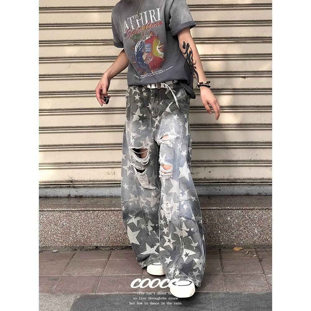 Herrenbekleidung Amerikanische Retro-Jeans im Used-Look mit Camouflage-Muster, locker geschnitten, weit geschnitten, lässige Hose im Streetstyle, geschwungene Kanten_voghion.com