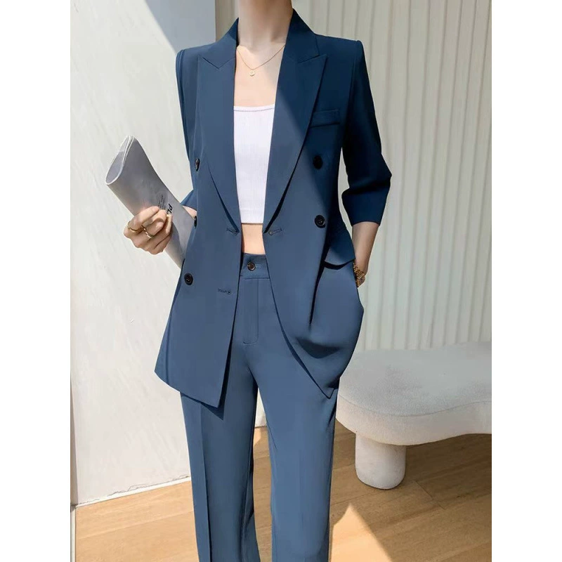 Женский костюм премиум-класса 2025, новый летний, тонкие широкие брюки, профессиональная формальная одежда, рукав три четверти, синий костюм