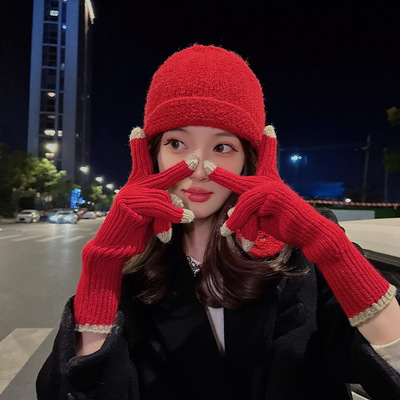 Han edition knitted gloves hitting scene hat suit extended warm lovers with gloves earmuffs two-piece cap