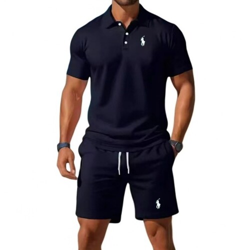 2025 Men's Summer Casual Sports Fitted Collar POLO Shirt Mesh Short-Sleeve Shorts Set