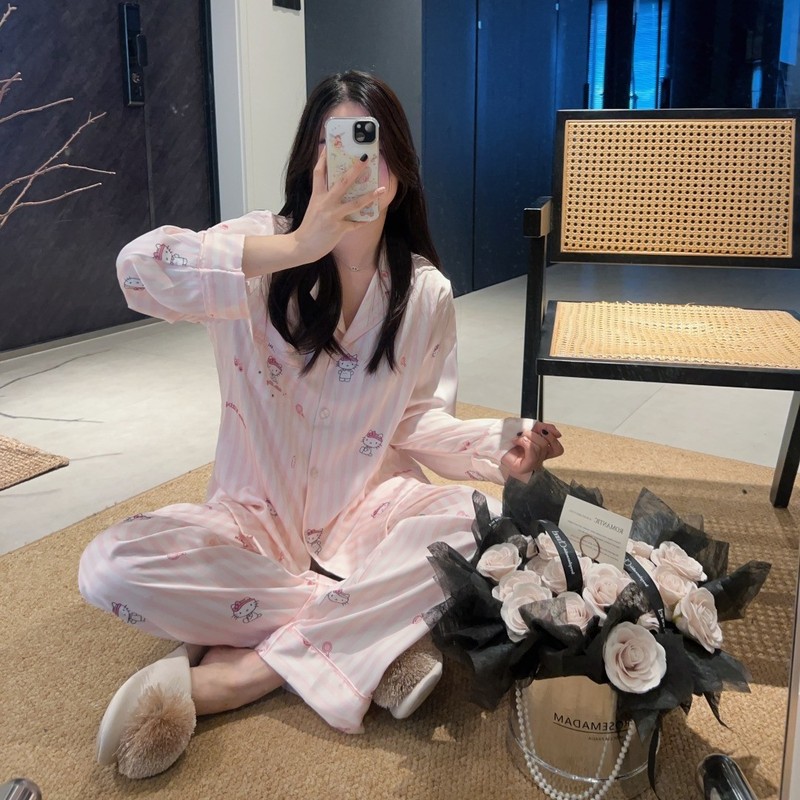 春秋新款冰丝睡衣女甜美可爱条纹KT猫长袖长裤家居服套装可外穿薄|undefined