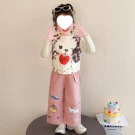 韩系套装春夏季女童防蚊裤新款时尚卡通中小童涂鸦束脚休闲工装裤