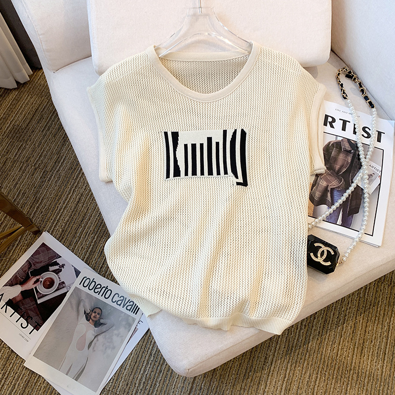 Factory Ready Stock 2024 Summer New Design Loose Version Chic T-Shirt Cut Out Ice Silk Knitwear Top for Women Factory Ready Stock 2024 Summer New Design Loose Version Chic T-Shirt Cut Out Ice Silk Knitwear Top for Women