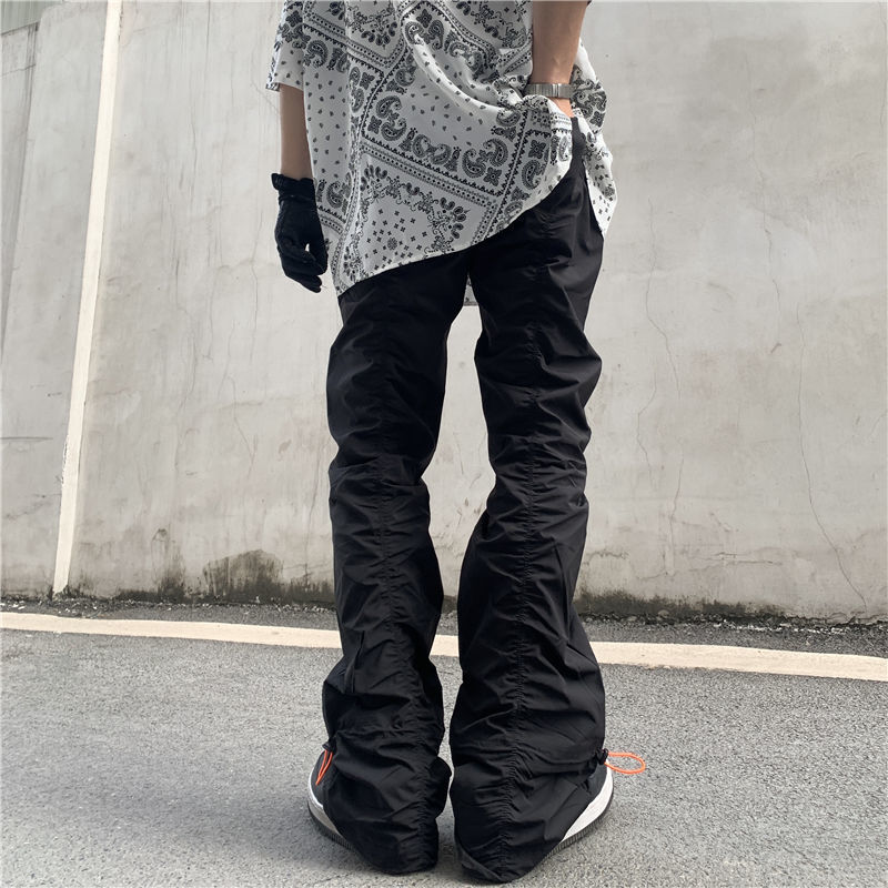 High Street Functional Vibe Style Folded Stacked Micro Horn Long Pants for Men's American Slim Fit Street Instagram Versatile Casual Pants_voghion.com