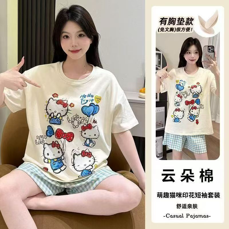 Embalaje transfronterizo precio especial explosivo con cojín de pecho pijama de mujer pantalones cortos de manga corta ropa de verano de algodón nublado conjunto de ropa exterior