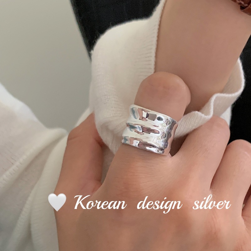 韓國博主同款指環通體純銀925小眾重工寬版亮面不規則ins戒指女