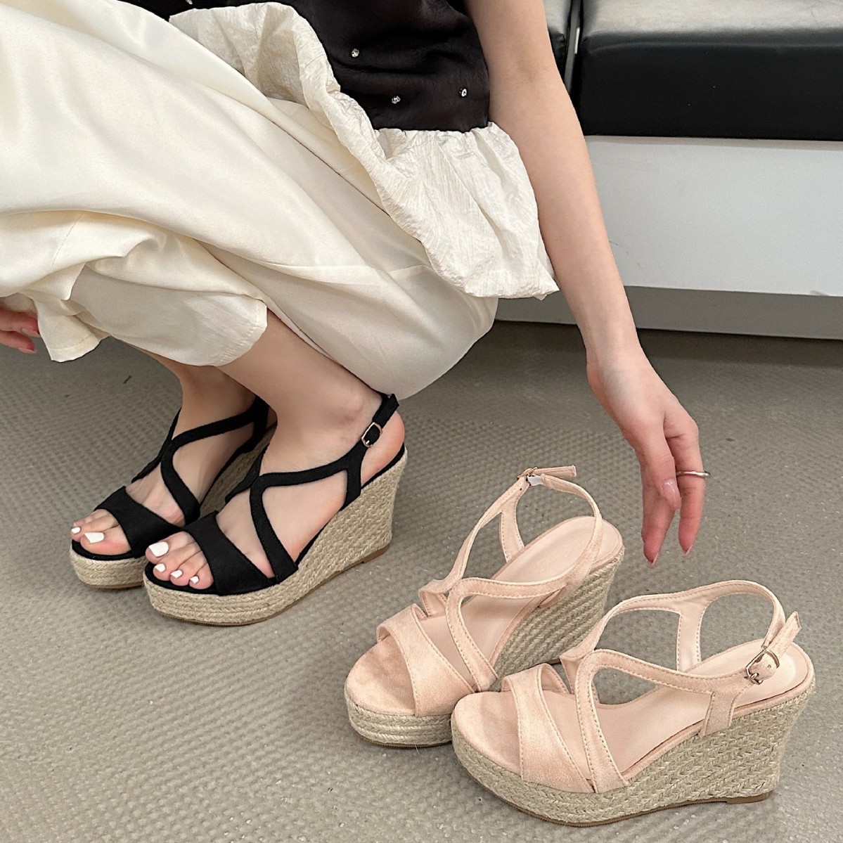 Sandali estivi alla moda da donna con plateau, in corda intrecciata di paglia, punta aperta, impermeabili, con zeppa e tacco altissimo_voghion.com