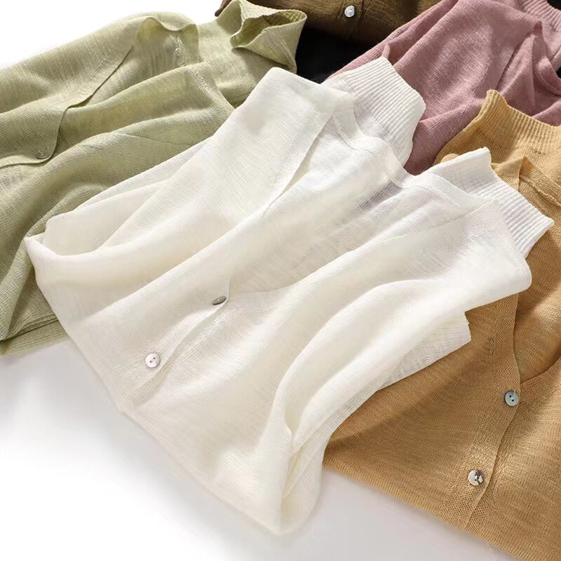 2024 Ramie Top Women's Summer Sun Protection Clothing Ice Silk Knitted Cardigan V-Neck Thin Long Sleeve Jacket All-match Air-conditioning Shirt