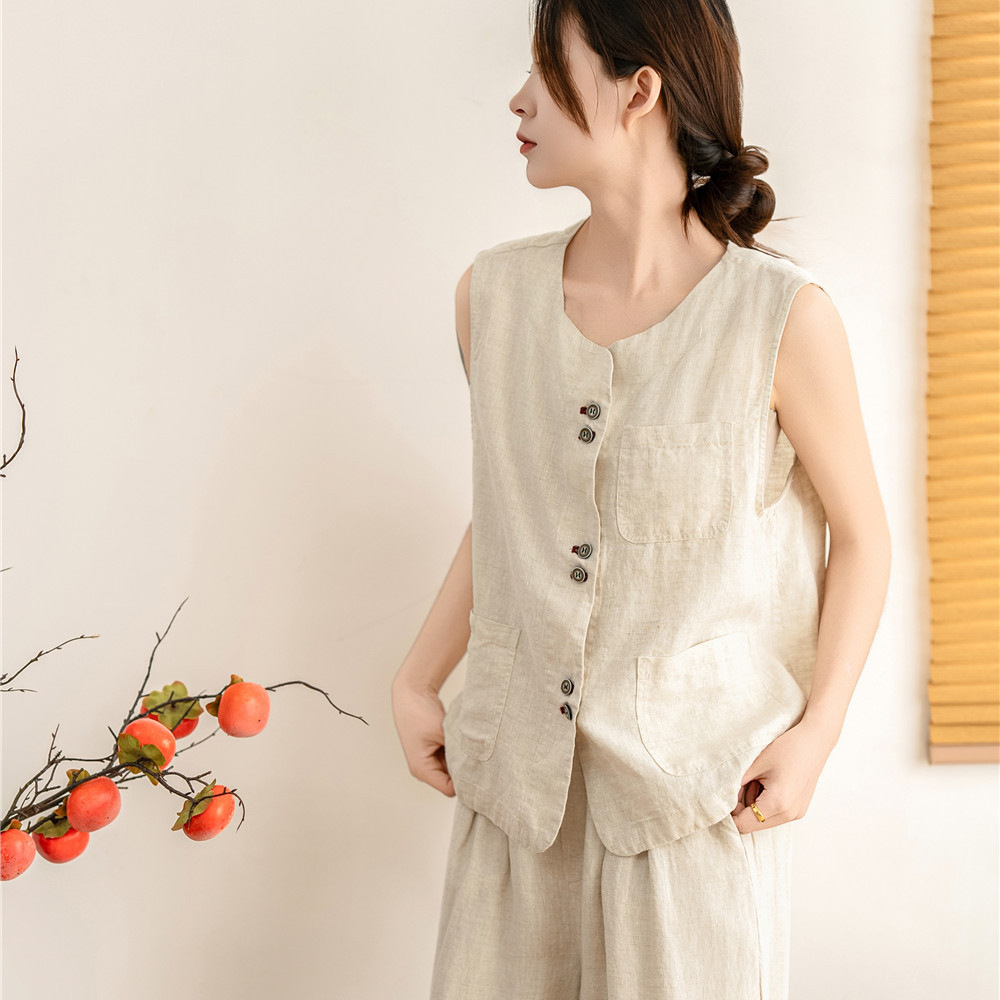 2025 Summer Sleeveless Straight-Cut Artistic Solid Color Single-Breasted Double-Button Linen Women's Vest