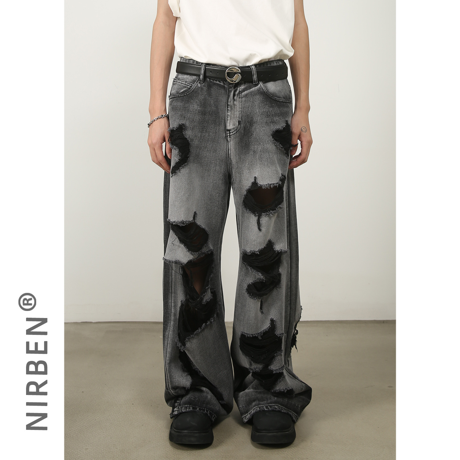 Nirben Denim | Ripped wide-leg Jeans para hombres 2023 Nuevos pantalones trapeadores rectos sueltos de High Street Vibe