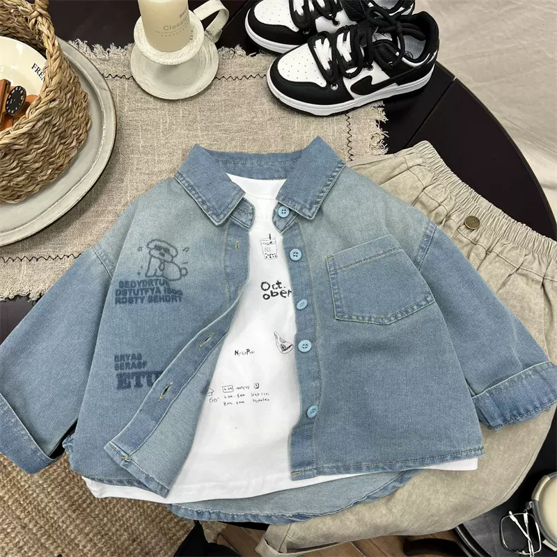 男童薄款软牛仔衬衫渐变色洋气外套2025春季中小童宝宝翻领衬衣潮